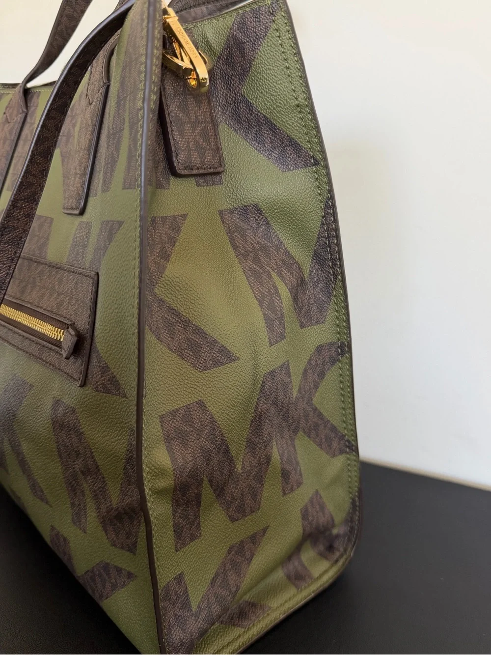 Michael Kors Kenly Large Graphic Logo Tote Army Green Brown Crossbody
